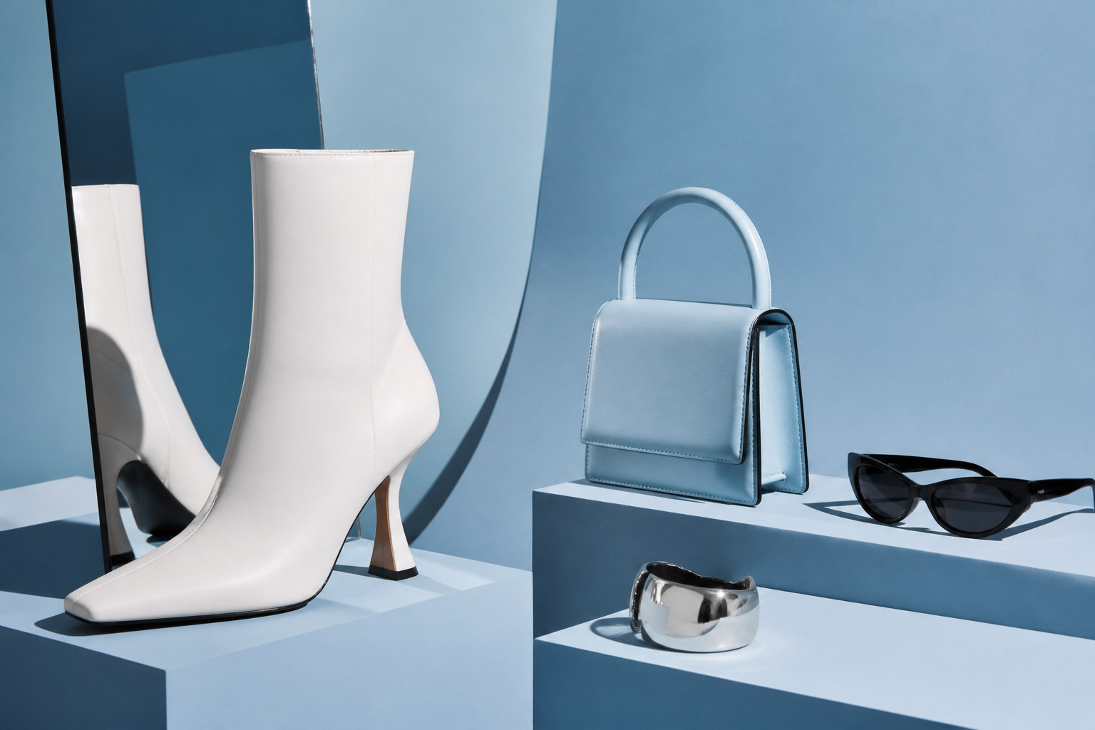 Botín blanco, bolso azul hielo, gafas negras y brazalete plateado en una galería monocroma